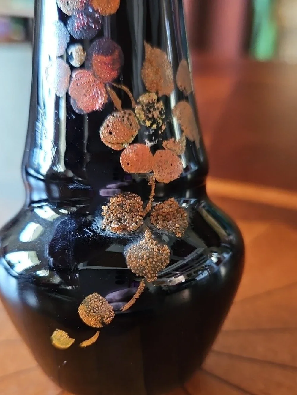 Art Deco Black Amethyst Hand Painted Enamel Floral Gold Ruffled Fluted Bud Vase